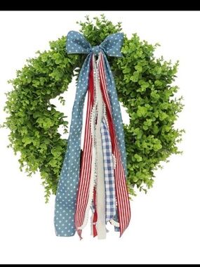 My Texas House Boxwood Wreath with Bow Red White Blue 28"